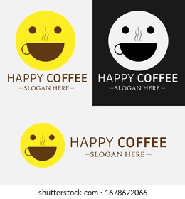 Illustration vector design of coffee logo with emoticon face. Happy coffee