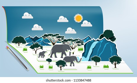 Illustration vector design concept of animal wildlife elephants family pop up book, Pop-up book with africa savanna elephant family scene