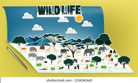 Illustration vector design concept of animal wildlife pop up book, Pop-up book with africa savanna animal scenery