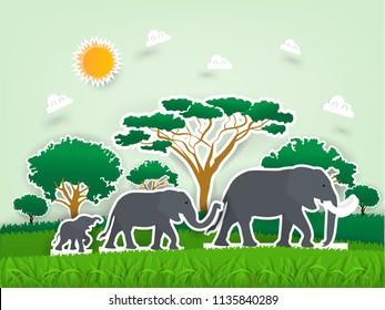 Illustration Vector Design Concept Of Animal Wildlife Elephants Family Pop Up Paper Book, Africa Savanna Elephant Family Scene In Paper Craft Design