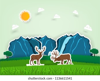 Illustration vector design concept of animal wildlife deers in pop up paper book, grass field scene with deers in paper craft design