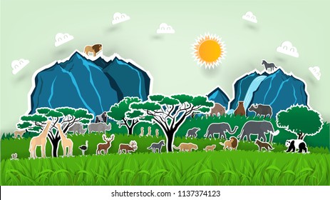 Illustration vector design concept of animal wildlife pop up book, Pop-up book with africa savanna animal scenery, paper craft origami of wildlife animal