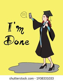Illustration, vector design concept for joy woman graduate school or college. Holding certificate degree and take selfie for portrait. Cartoon of adult female in cap and graduated dress ceremony. 