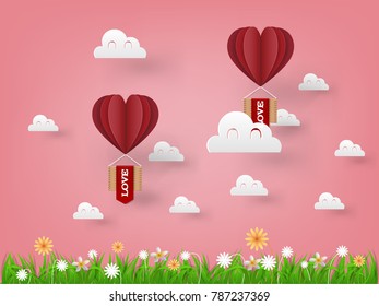 illustration vector design concept of love and valentine's day, origami heart vector hot air balloon flying on the sky, paper art style