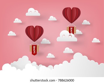 illustration vector design concept of love and valentine's day, origami heart vector hot air balloon flying on the sky, paper art style