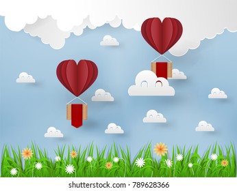 illustration vector design concept of love and valentine's day, origami heart vector hot air balloon flying on the sky, paper art style