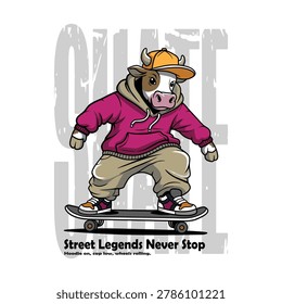 Illustration Vector Design of a Cow Character Playing Skateboard Wearing a Hoodie