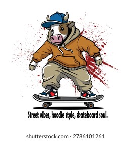 Illustration Vector Design of a Cow Character Playing Skateboard Wearing a Hoodie