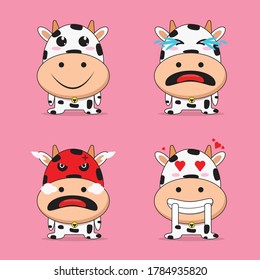 Illustration Vector Design of Cute Cow with Expressions. Cute farm milk animal character in various action poses vector funny mascot. Design bundle set of cute cow illustartion.