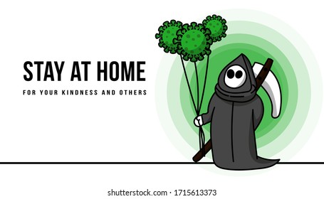 Illustration Vector Design Of Death Skeleton Carry a Virus with the text Stay at home.