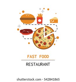 Illustration vector design of fast food restaurant, cafe colorful logo. Burger, fried potatoes, pizza, cheese and steak icon