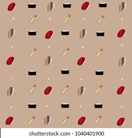 An illustration and vector design of fried shrimps, rice with raw fish. There are Japanese foods which are called sushi, nigiri and tempura.