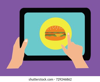 Illustration vector; Design of hamburger online order with tablet on hand to purchase from internet with fast and convenience food delivery