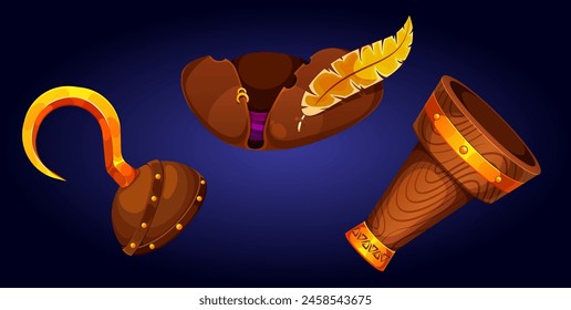 illustration; vector; design; icon; graphic; clipart; blue; brown; purple; game; hat; feather; gold; rings; wooden; cup; hook; progress; 
