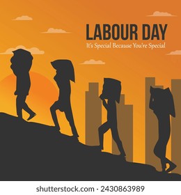 Illustration vector design of International Labour Day, 1st May. A group of hardworking people is still working in the evening, in front of the sunset. Honoring labor, workers the nation's workforce.