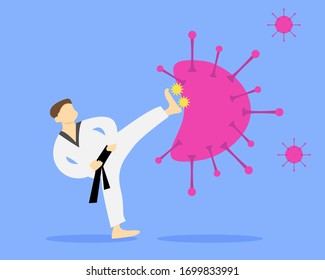 Illustration vector design of karateka is fighting and kicking the virus.