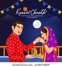 Illustration vector design of Karwa Chauth. Indian Hindu festival Moon puja worship. Creative night sky background