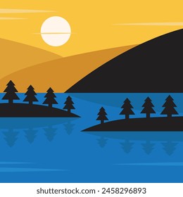 Illustration Vektorgrafik Design der Landschaft mit See und Bergen.