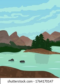 Illustration vector design of Lanscape and Nature of Mountain, River and Forest