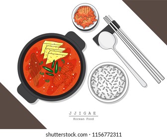 Illustration Vector Of Design Logo Doodle Hand Drawing Popular Asian Korean Cuisine Jjigae,Kimchi,rice With Chopsticks Isolated On Plate On Table Top View On Background With And Dish Name