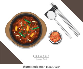 Illustration Vector Of Design Logo Doodle Hand Drawing Popular Asian Korean Cuisine Bulgogi And Kimchi With Chopsticks Isolated On Plate On Table Top View On Background With Korea Flag And Dish Name