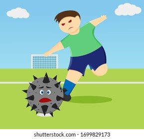 Illustration vector design of a man who is kicking the virus as ball.