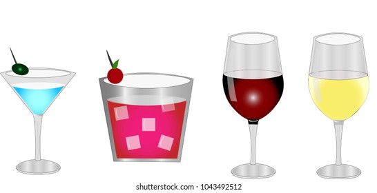 An illustration and vector design of many drinks design with different shape of glasses, they are a red wine, a white wine and a cocktail.
