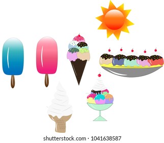 An illustration and vector design of many ice-creams which are lollipop ice-cream, ice cream cone and cup, it also has the sun. This vector are suitable for summer time and people who love ice cream.