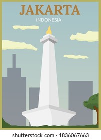 Illustration vector design of retro and vintage travel poster of monas in Jakarta