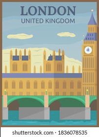 Illustration vector design of retro and vintage travel poster of big ben in London, United Kingdom