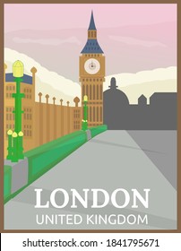 Ilustración de diseño vectorial de afiche de viajes retro y vintage de big ben, londres, Reino Unido