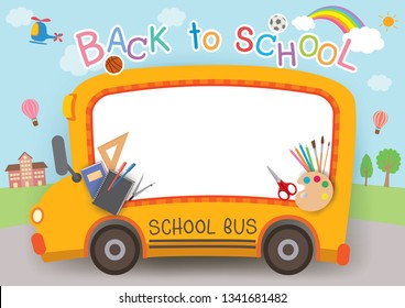 Illustration vector design with school bus frame and stationery for back to school background.