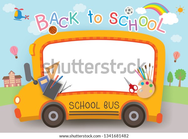 Illustration vector design with school\
bus frame and stationery for back to school\
background.