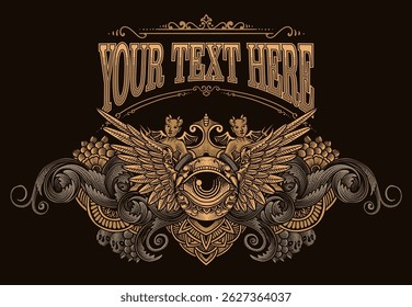 Illustration vector design of a Seraphim angel with detailed wings and radiant cosmic rays, engraving style, blending fantasy and symbolism.