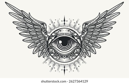 Design vetorial ilustração de um anjo Serafim com asas detalhadas e raios cósmicos radiantes, estilo de gravação, mistura de fantasia e simbolismo.