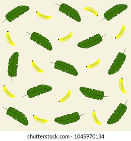 An illustration and vector design of soft tone background with green banana leafs and bananas on top. 