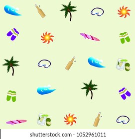 An illustration and vector design of summer decorations which are goggles, coconut trees, sun, flip flops, surfs, wave, beer, and drink son top of soft beige background, it is nice vector background.