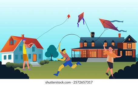 An illustration in vector design that embodies the festive atmosphere of Makar Sankranti, with three boys actively flying kites and running in celebration.