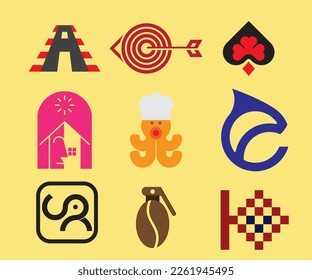 illustration and vector design of various logos, letter A and race track, arrow and target, shovel logo, smiling house logo, squid octopus chef logo, shark and e letter logo, abstract elephant