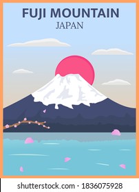 Diseño vectorial de ilustración de afiche de viaje vintage y retro de monte fuji en Japón