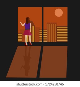 Illustration vector design of a woman is standing front of the window and looking at dusk.