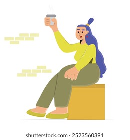 Illustration vector design of woman's sitting down while holding a glass of coffee