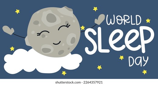 Ilustración del diseño vectorial del Día Mundial del Sueño. La luna en el fondo del cielo con estrellas con una inscripción. Ilustración infantil. Impresión en papel y textiles. Banner postal