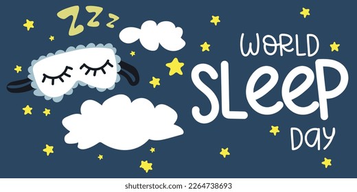 Illustration of the vector design of the World Sleep Day. A blindfold for sleeping sleeps in the clouds against the sky with the inscription. Children's illustration. Printing on paper and textiles.