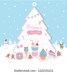 Illustration vector of dessert decorated with Christmas tree on snow background.