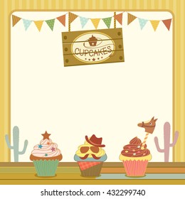 Illustration vector of dessert  menu template with cupcakes cowboy theme concept party.Pastel and colorful.Blank space for your message or text.Border and frame.