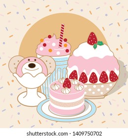 Illustration vector of a dessert set design with cute background