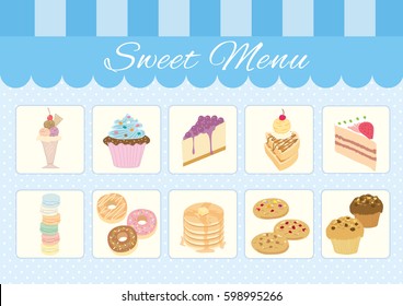 Illustration vector dessert of sweet menu in the blue cafe.