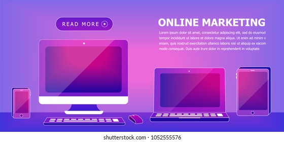 Illustration vector of devices,mobile,laptop,desktop,computer,tablet on office table with button on flat style and gradient color background
