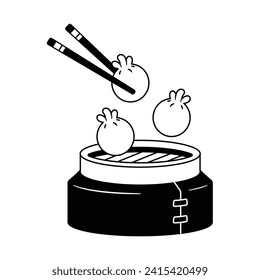 Illustration vector of Dimsum on the steamer chinese food illustration Black and White icon Design style isolated white background
